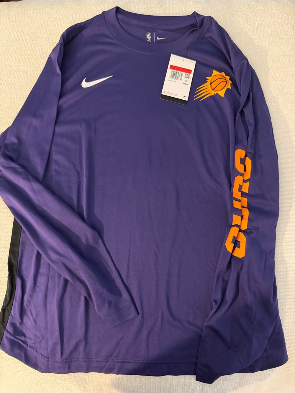 NWT Nike Purple Phoenix Suns Long Sleeve Performance Shirt with Orange Accents